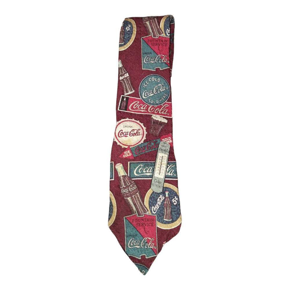 Vintage Coca Cola Silk Tie Burgundy Bottles Caps Signs Thermometer